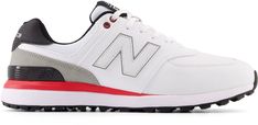 the new balance 997 sneaker is available in white and grey with red accents