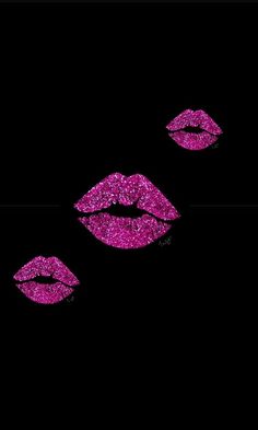 three pink glitter lips on a black background