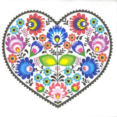 a heart with flowers and leaves painted on it's side, in the shape of a