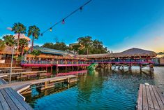 the pier is lined with tiki huts and palm trees