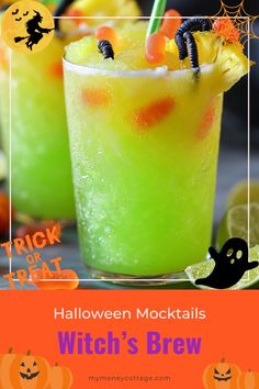 two halloween cocktails with orange and green drinks