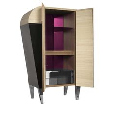 an open cabinet with two doors and drawers