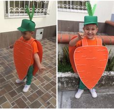 two pictures of a little boy dressed up like a carrot