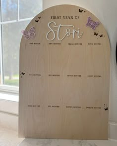 a wooden sign with butterflies on it that says, first year of styri