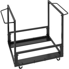 a black metal cart with wheels and two shelves on each side, facing the same direction