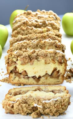 an apple crumb cake is cut into slices