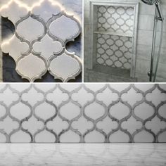 three different pictures with white and grey tile in the same room, including a shower