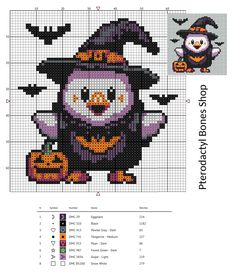 a cross stitch pattern with a penguin wearing a witch hat and holding a pumpkin