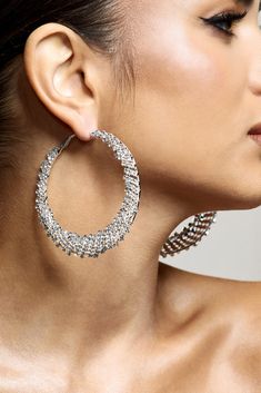 Corina | Silver Diamante Hoop Earrings Silver Hoop Jewelry For Parties, Elegant Crystal Hoop Earrings, Elegant Metal Hoop Earrings With Bling, Glamorous Round Hoop Earrings For Wedding, Crystal Hoop Earrings For Party, Silver Hoop Earrings For Party, Metal Hoop Earrings With Sparkling Stones For Wedding, Glamorous Hoop Earrings For Wedding, Elegant Hoop Rhinestone Jewelry