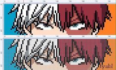 the cross stitch pattern for an anime character is shown in three different colors and sizes