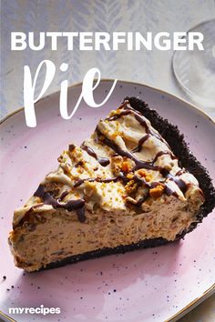 a piece of pie on a pink plate with the words butterfingerner pie written above it