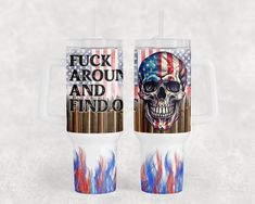 two tumblers with american flag designs on them and the words, f k around and endo