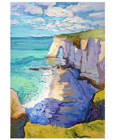 an oil painting of cliffs on the coast with blue water and white clouds in the background