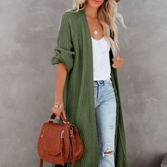 Your New Go-To Cardigan To Make A Statement. This Thick Knit Duster Cardigan Is Detailed With Side Slits And An Open Front Style. An Essential Piece To Match Well With Jeans Or Skirts. Long Solid Color Casual Cardigan, Long Knit Cardigan For Day Out, Green Winter Cardigan For Day Out, Green Cardigan For Day Out, Green Open Front Cardigan For Day Out, Casual Long Green Cardigan, Knit Duster, Chic Cardigan, Fall Cardigan