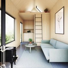 a living room filled with furniture next to a tall wooden wall covered in window frames