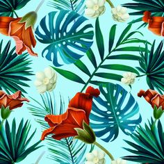 a blue background with red and white flowers, palm leaves and green plants on it