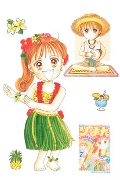 a drawing of a girl in a hula skirt next to a pineapple and other items