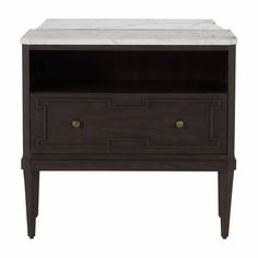 an end table with marble top and drawers on the bottom, in dark brown finish