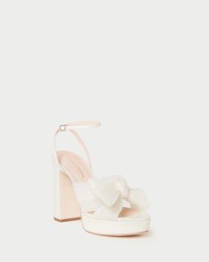 Shop the Natalia Pearl Platform Bow Heel at Loefflerrandall.com. Lana Outfits, Bow Heels, Fame Dr, Beautiful Gift Wrapping, Ivory Pearl, White Heels, Wedding Heels, Fabric Bows, Pleated Fabric