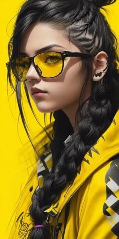 a woman with long hair and yellow glasses is wearing a black braid in front of a yellow background