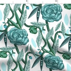 a blue rose and leaves pattern on white background with green leaves, buds and water drops