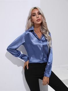 Product Type: ShirtsStyle: Elegant,OfficeFit: RegularFabric: SatinPattern: SolidElement: ButtonTop Length: RegularNeckline: CollaredSleeve Type: RegularSleeve Length: Long SleeveMain Composition: PolyesterSeason: Spring/Fall Satijnen Blouses, Blue Shirt Women, Satin Bluse, Satin Shirt, Women's Wear, Satin Blouse, Spring Shirts, Elegant Shirt, A Button