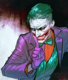 a drawing of the joker with green hair and purple suit, holding his thumb up