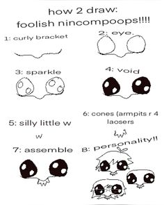 the instructions for how to draw an adorable little monster with four different eyes and mouth shapes