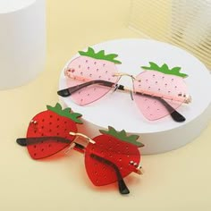 Strawberry Designs - A collection by Storenvy Strawberry Sunglasses, Strawberry Glasses, Funky Glasses, Cute Sunglasses, Shaped Sunglasses, Cute Glasses, Fashion Eye Glasses, Stylish Glasses, Light Blue Green