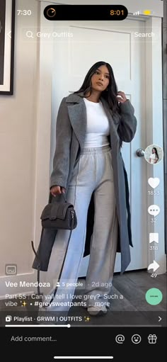 Wide Silk Pants Outfit, Sweatpants And Trench Coat Outfit, Grey Sweat Pants Outfit Women, Warm Airport Outfit, Lash Tech Outfit Ideas, Cold Weather Dinner Outfit, Church Outfit Pants, Classy Winter Outfits Casual, Brown And Grey Outfit