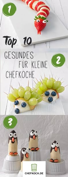 an image of some food that is in the shape of penguins with grapes on them