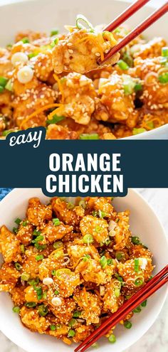 orange chicken in a bowl with chopsticks on top and the words easy above it