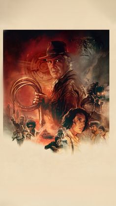 the poster for indiana jones is shown in red and yellow tones, with an image of indiana jones