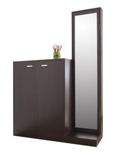 a tall wooden cabinet with a mirror and vase on the top, against a white background