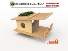 a birdhouse with grass growing out of it's roof and the words birdhouse build plan below