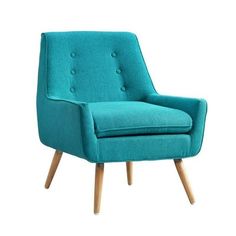 a teal chair with wooden legs and buttons on the armrests, against a white background