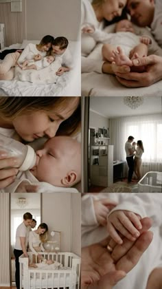 a collage of photos with people and babys in the middle one is holding a bottle