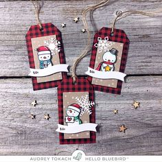 two tags with snowmen on them are hanging from twine string and decorated with stars