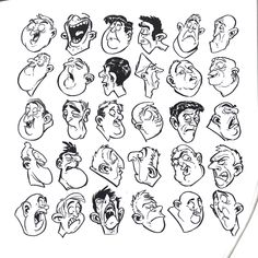 various cartoon heads drawn in black and white