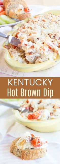 two pictures with the words kentucky hot brown dip on them and an image of food