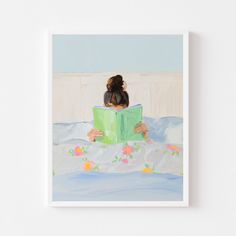 a painting of a woman reading a book in bed with flowers on the sheets and blue sky behind her