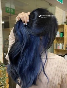 Blue Hidden Hair Color, Midnight Blue Underneath Hair, Navy Blue Hair Underneath, Peek Through Hair Color, Grey Blue Peekaboo Hair, Highlight Under Hair, Underneath Dyed Hair For Brunettes Purple, Under Blue Hair Dye, Black Hair With Hidden Color