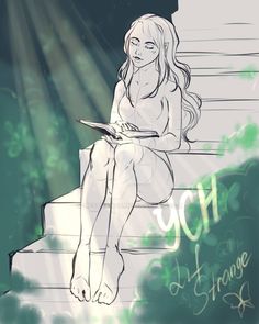 a drawing of a woman sitting on steps reading a book with the sun shining down