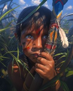 a young boy with painted face and body holding a glass bottle in front of his face