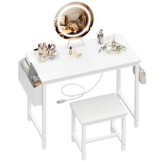 PRICES MAY VARY. Round LED Lighted Mirror: This small vanity desk comes with a 3-color (warm, natural, and cold) adjustable LED mirror. Touch the switch to change the color mode, or long press the switch to adjust the brightness. It can meet your different needs, perfect for home makeup, salon, or live broadcast Compact Desk: Declutter your mornings with this sleek vanity mirror with lights desk. A spacious side pocket, and two hooks keep your essentials organized while the ample desktop lets yo Small White Vanity, Dressing Table For Girls, Modern Dressing Table Designs, White Vanity Table, Girls Dressing Table, White Vanity Desk, Ergonomic Stool, Compact Desk, Vanity Desk With Mirror