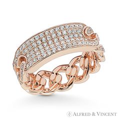 The featured bar & chain ring is cast in 14k rose gold plated .925 sterling silver and showcases a bold design made up of a rectangular bar centerpiece & fixed curb links all paved with cubic zirconia crystals in micro-pave setings. Your purchase will include a 30-Day Exchange or Money-Back Guarantee & Free US Shipping. Please email us for more details regarding this listing. Size: 5.  Color: Pink.  Gender: unisex.  Age Group: adult. Bold Design, Chain Ring, Micro Pave, Link Chain, Rose Gold Plates, Fashion Rings, Cubic Zirconia, Age Group, Jewelry Rings