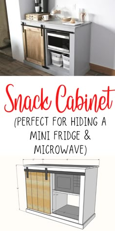 a small kitchen with the words snack cabinet perfect for hiding a mini fridge and microwave