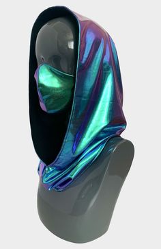 Unleash your Spiritual Ninja in our Aura Festival Hood and Mask! We've designed our reversible hoods with a gorgeous blue and purple shifting holographic fabric, and on the reverse side we use a solid black fabric made from sustainably harvested eucalyptus trees. Our hoods are reversible and can easily slip over your head. They are unisex one size fits all! Our adjustable Aura masks are also lined with our eucalyptus fabric making them soft to the touch. * Handmade in California * Made from Scra Purple Ninja Outfit, Galaxy Theme Outfit, Rave Hood, Spider Oc, Holographic Rave Outfit, Ninja Outfit, Rave Outfits Edc, Holographic Fabric, Rave Mask