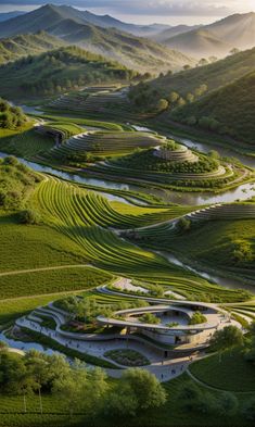 an aerial view of a green landscape with mountains in the background and a river running through it