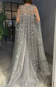 Teuta Matoshi Gown, Dress Classy Elegant, Starry Wedding, Celestial Dress, Silver Wedding Dress, Teuta Matoshi, Meeting Outfit, Velvet Belt, Long Cape